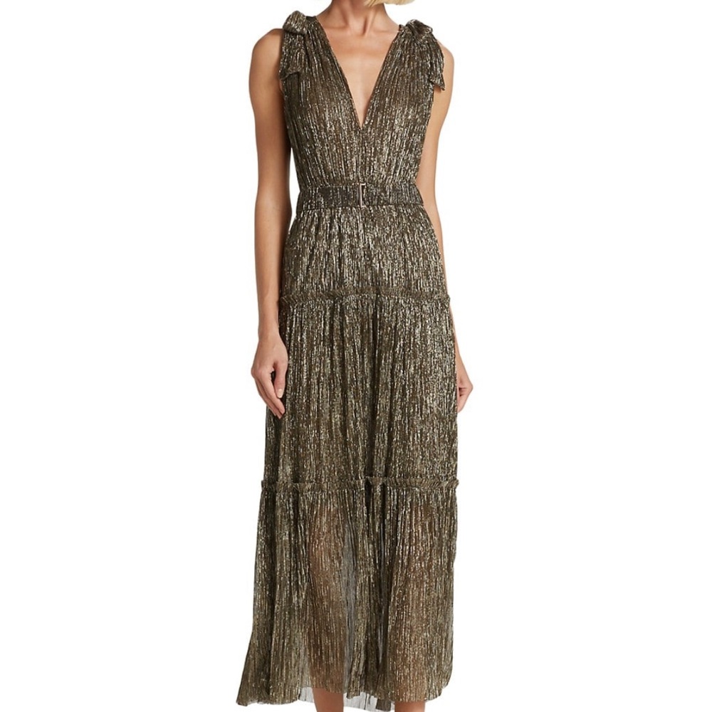 Sabina Musayev Helena Metallic Pleated Midi-Dress